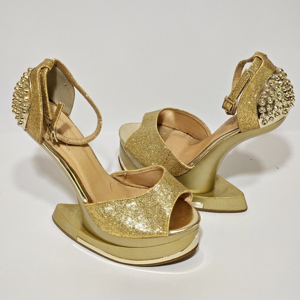Champagne Glitter Spike Studded Anti Gravity Wedge Womens Shoes Sz 6.5 - Picture 3 of 10